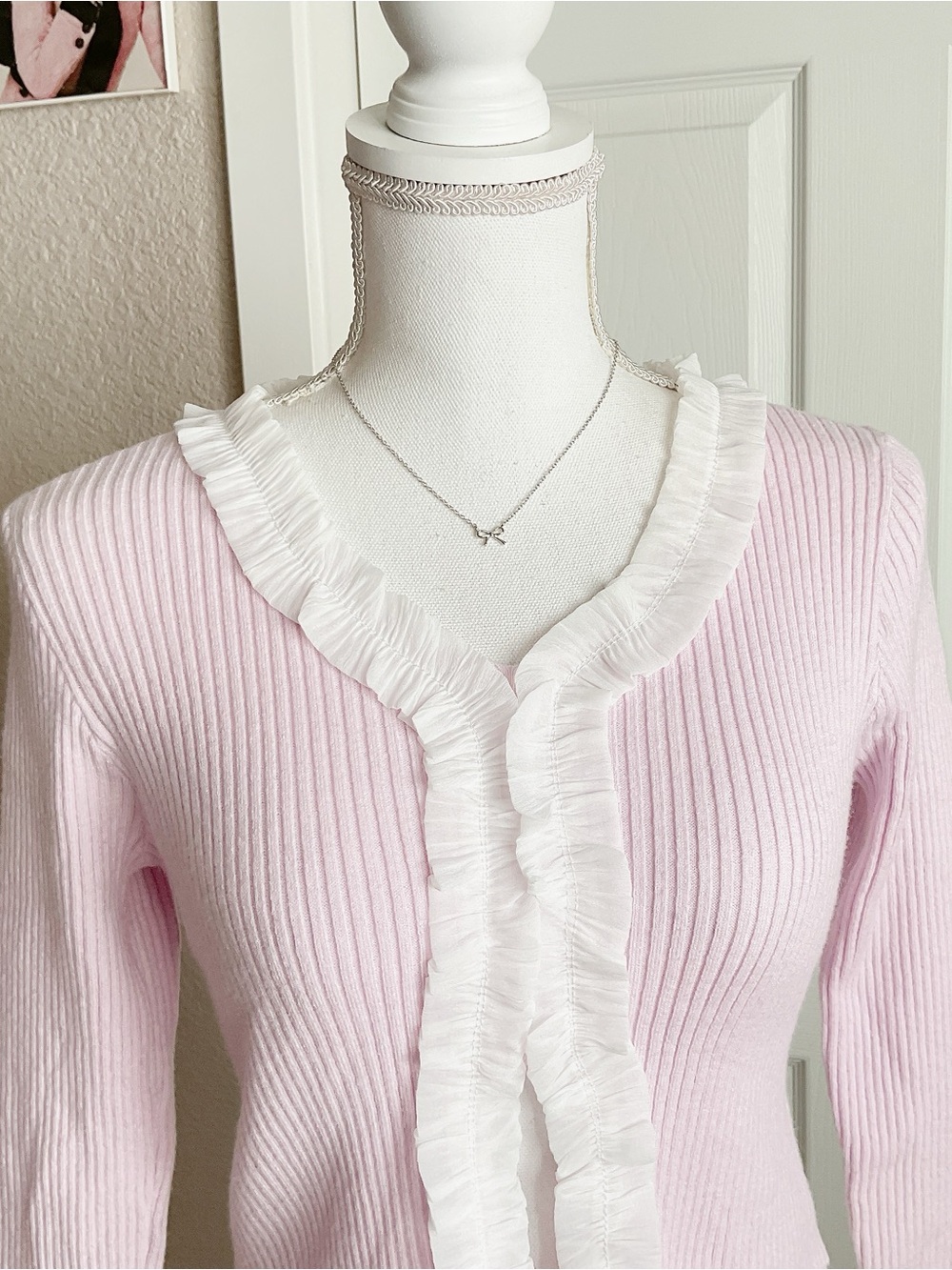 Dazy Ruffled Trim Ribbed Cardigan Pink/Purple - Picture 4 of 5